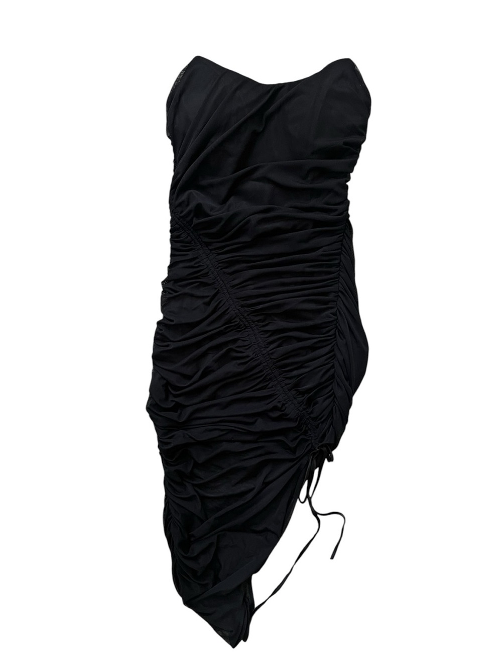 MABLE Simone Black Ruched Mesh Asymmetrical Drawstring Midi Dress Bodycon M - Picture 2 of 6